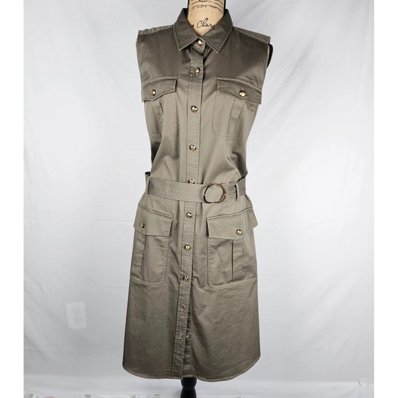 Lauren Ralph Lauren Khaki Utility Shirt Dress Belted Gold Buttons Midi Size 14 - Picture 3 of 16